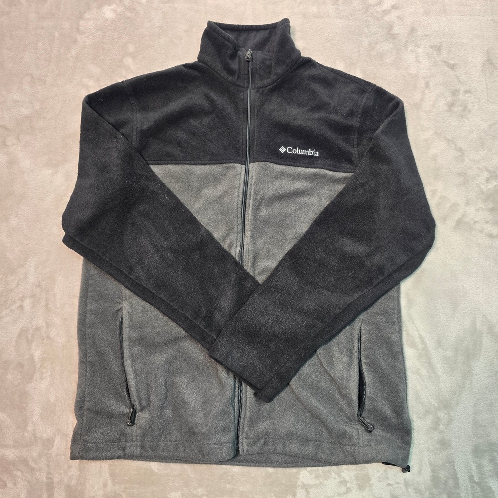 Columbia Mens Fleece Jacket Full Zip Colorblock Grey Black Large L Hiking Coat